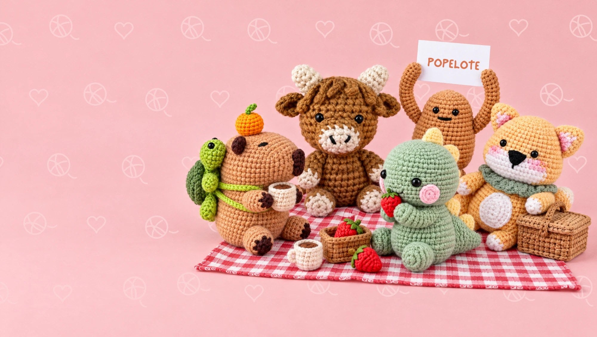 Popelote-Amigurumis beim Picknick: Capybara, Hochlandkuh, Kartoffel, Dino und Shiba