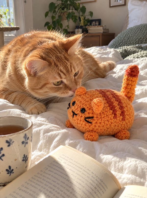 Gehäkelte rote Katze vor einer echten roten Katze auf dem Bett