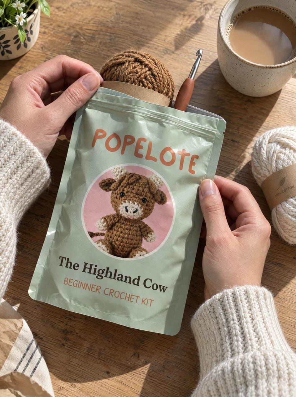 Hände öffnen die Tüte des Popelote-Kits Hochlandkuh